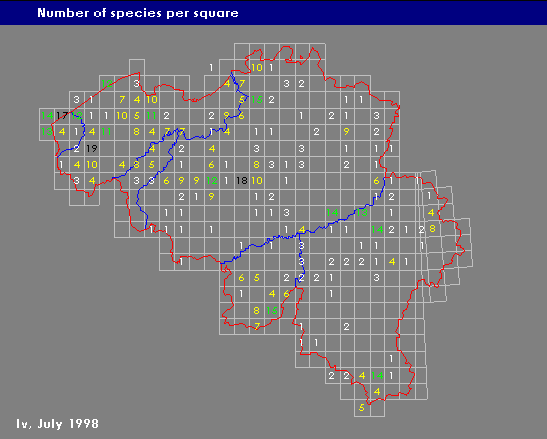 Opiliones: number of species per square as known in July 1998